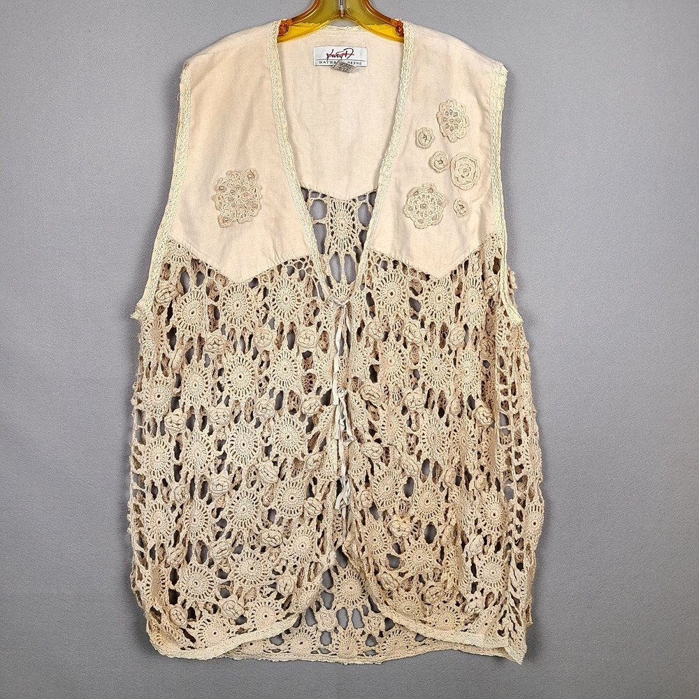 VTG Kathryn Deene Crochet Lace Pearl Floral Vest Boho Festival Cottage 26/28